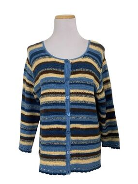 Villager Sport Liz Claiborne Crochet Striped Button Up  Sweater Womens L Boho